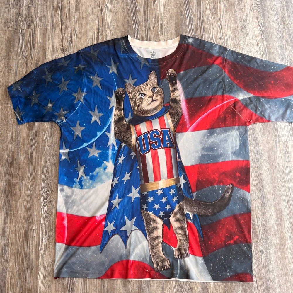USA Superhero Cat American Flag Galaxy All Over Print T-Shirt Mens XL